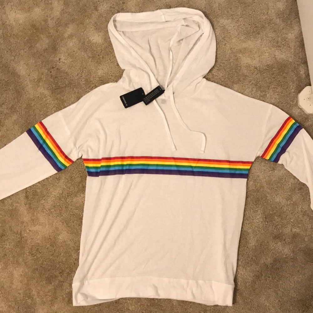 Forever 21 white hooded shirt with rainbow stripe